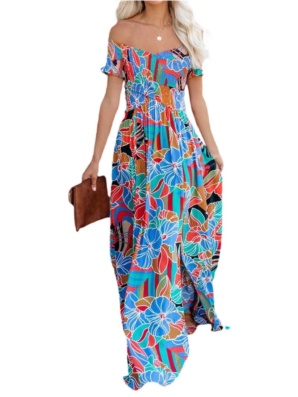 Aakaa Off-Shoulder Tropical Floral Maxi Dress